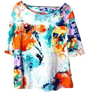 Chico's Water Color Top Orange Blue Yellow Purple Elbow Sleeve Women’s 3 / XL.